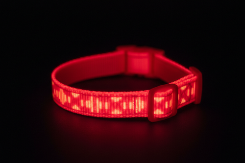 Red glow-in-the-dark pet collar by My Store, visible in low light to keep your pet safe and easily seen after dark.